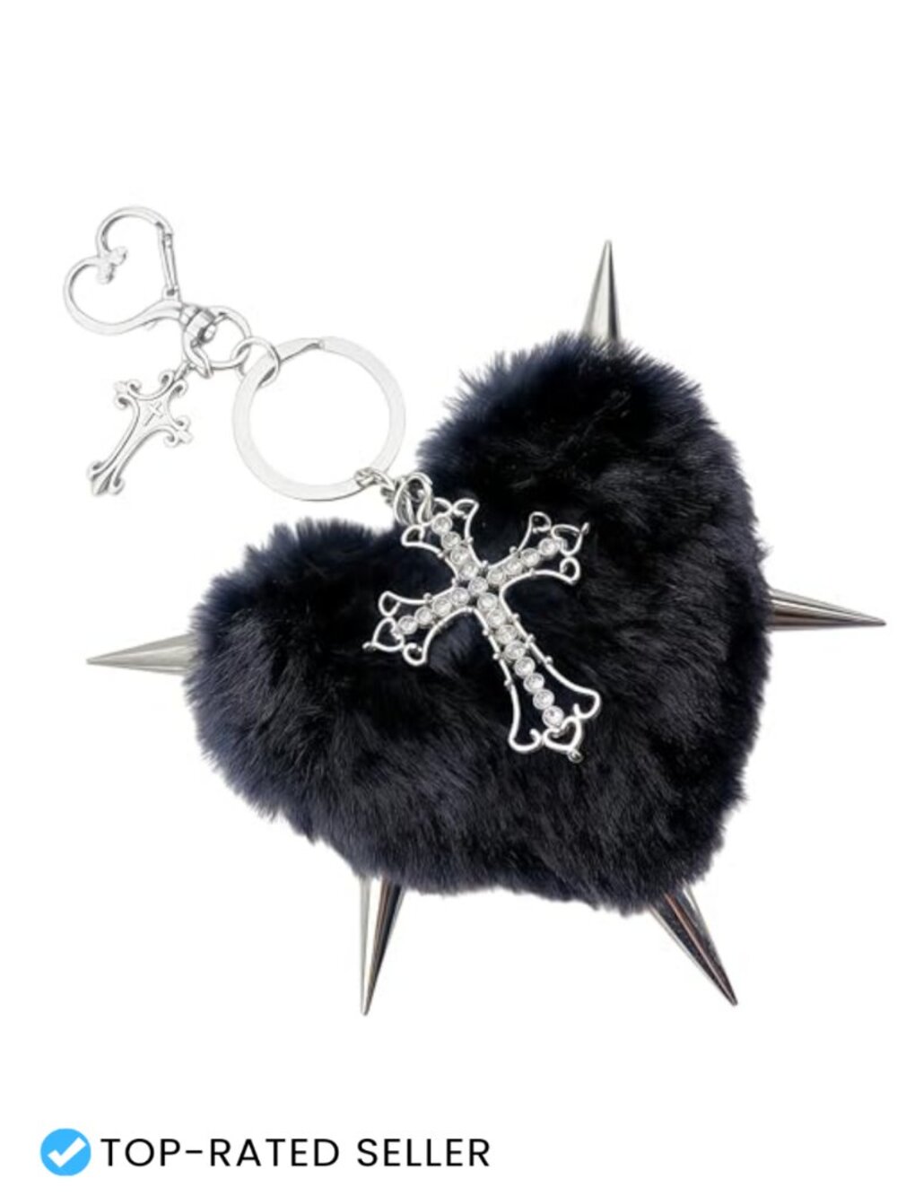 Punk Fluffy Heart Keychain Rivet Cross Pom Pom Bag Charm Purse Pendant